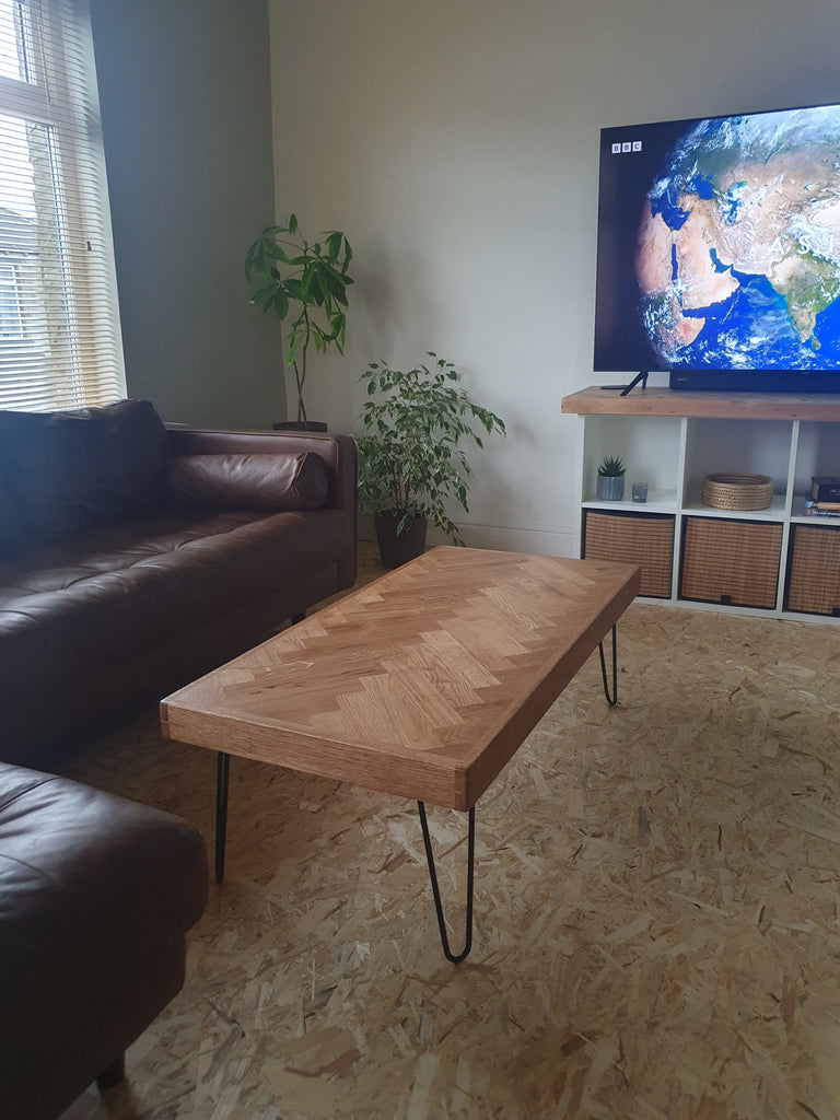 Oak Herringbone Coffee Table - Whiskey