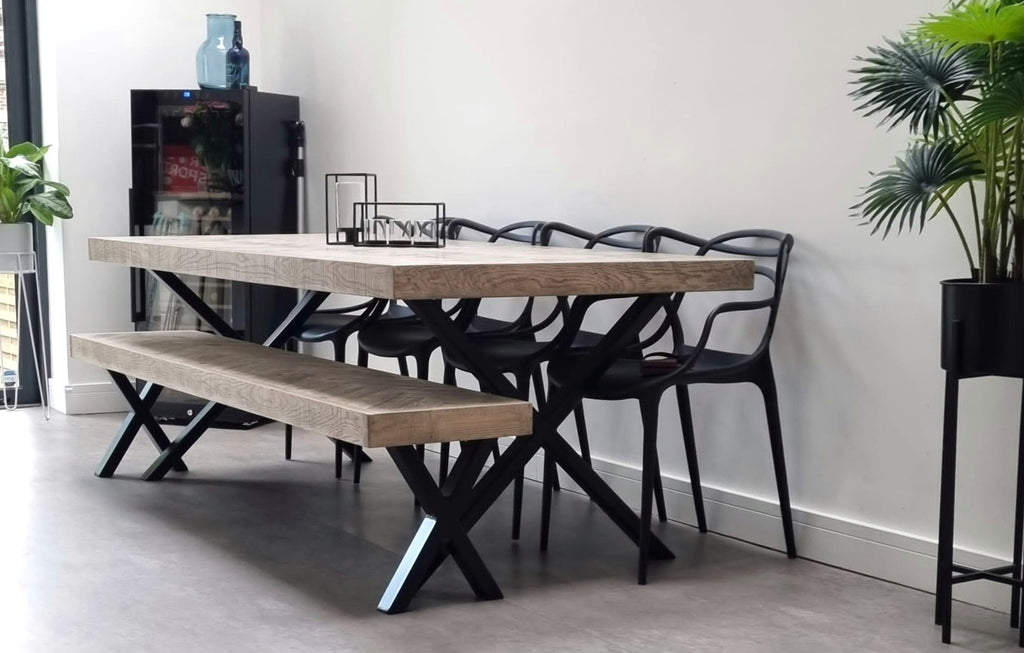 Herringbone Dining Table with x legs, handmade by KONTRAST