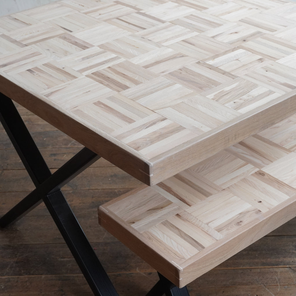 Herringbone Dining Table -  Natural Ash wooden parquet reclaimed wood table x legs - Handmade by Kontrast