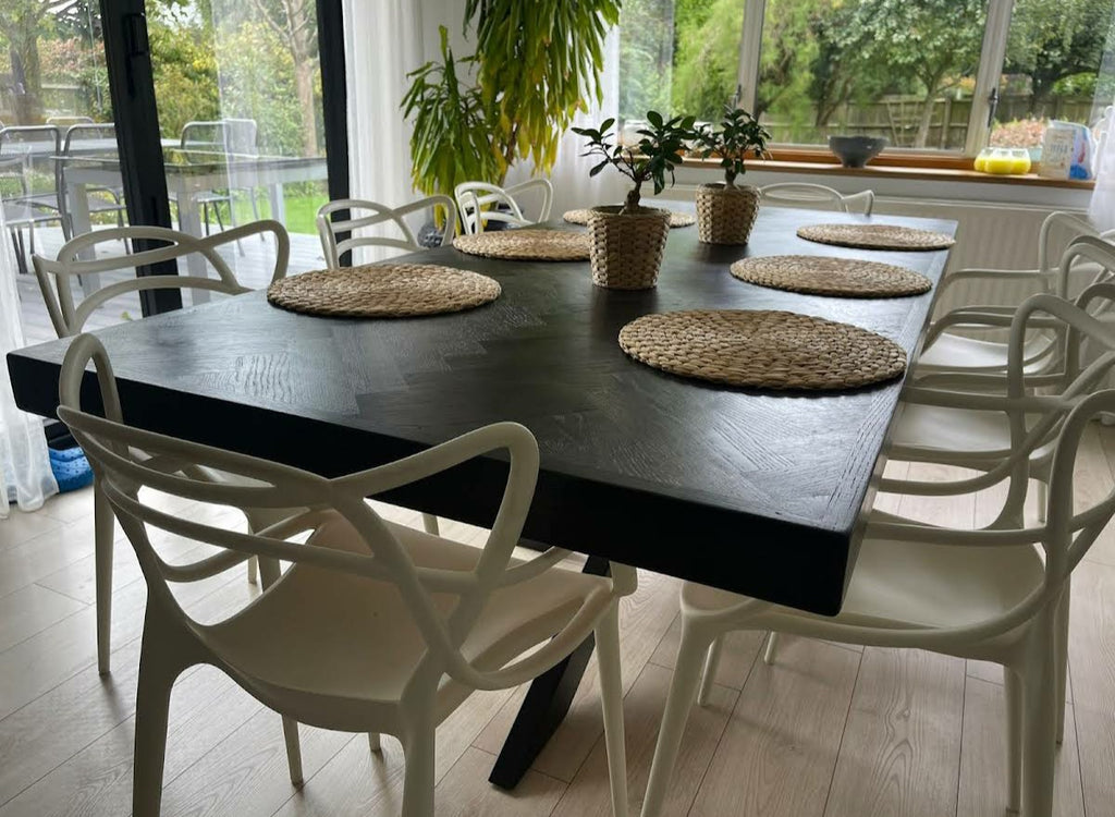 Spider Leg Oak Herringbone Dining Table - Black