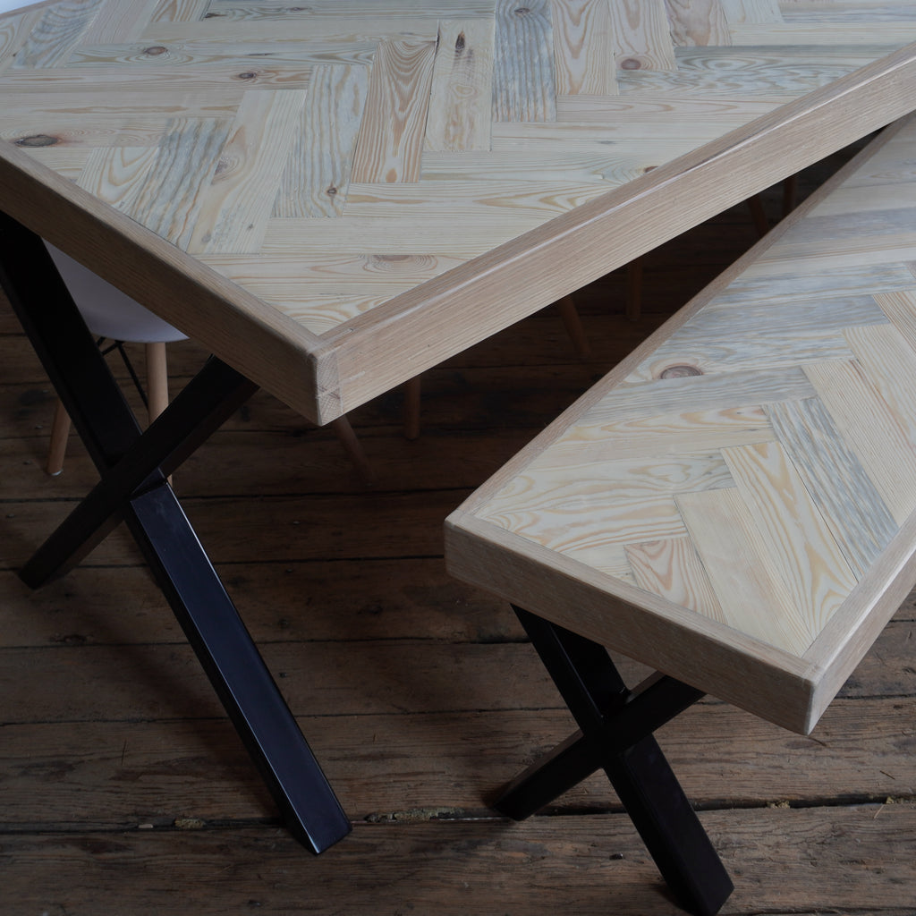 Herringbone Dining Table -  White-washed Chevron Pattern - Handmade by Kontrast