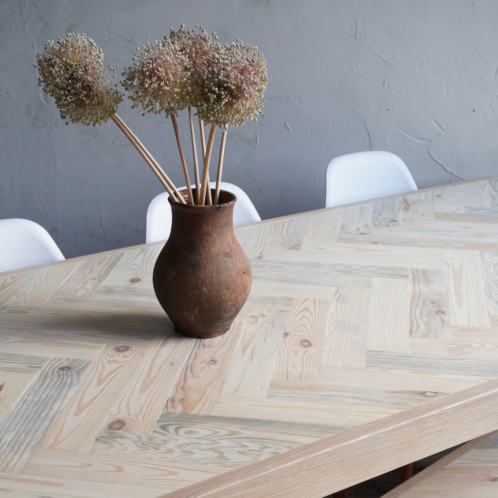 Herringbone Dining Table -  White-washed Chevron Pattern - Handmade by Kontrast
