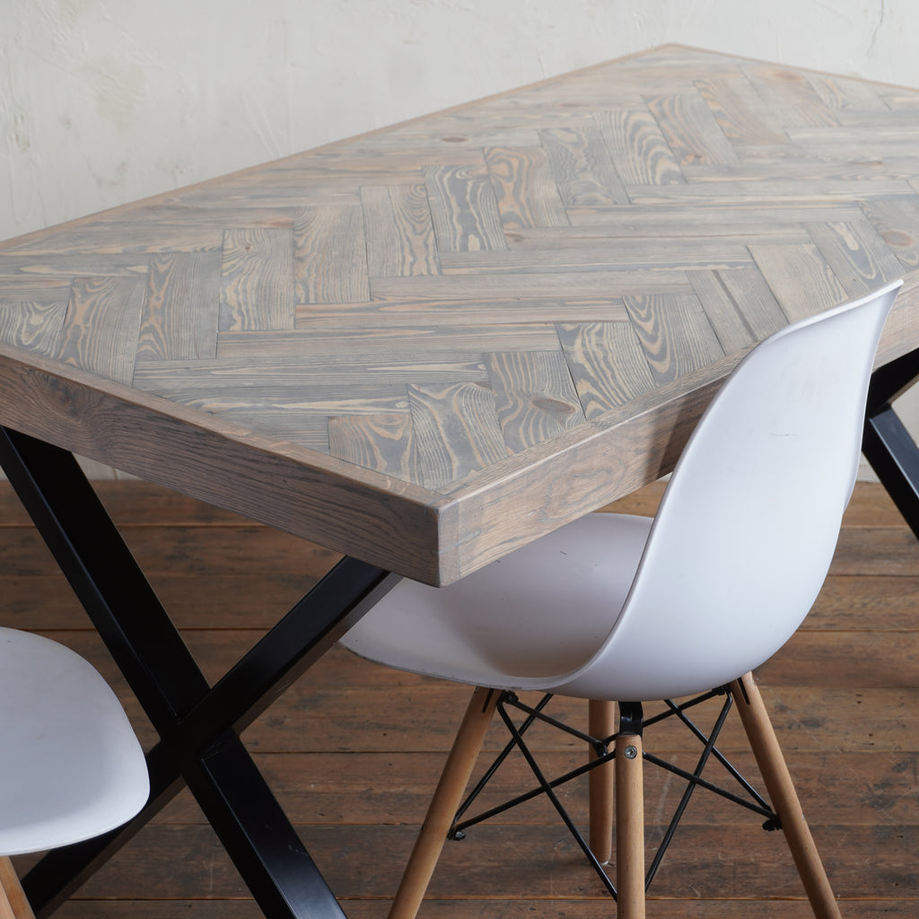 Herringbone Dining Table -  grey wooden chevron table with X legs - Handmade by Kontrast
