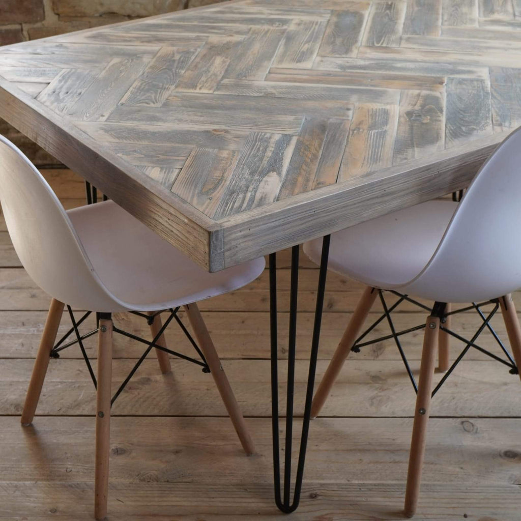 Herringbone Chevron Dining Table in Grey with Hairpin Legs-Handmade Chevron Tables-KONTRAST